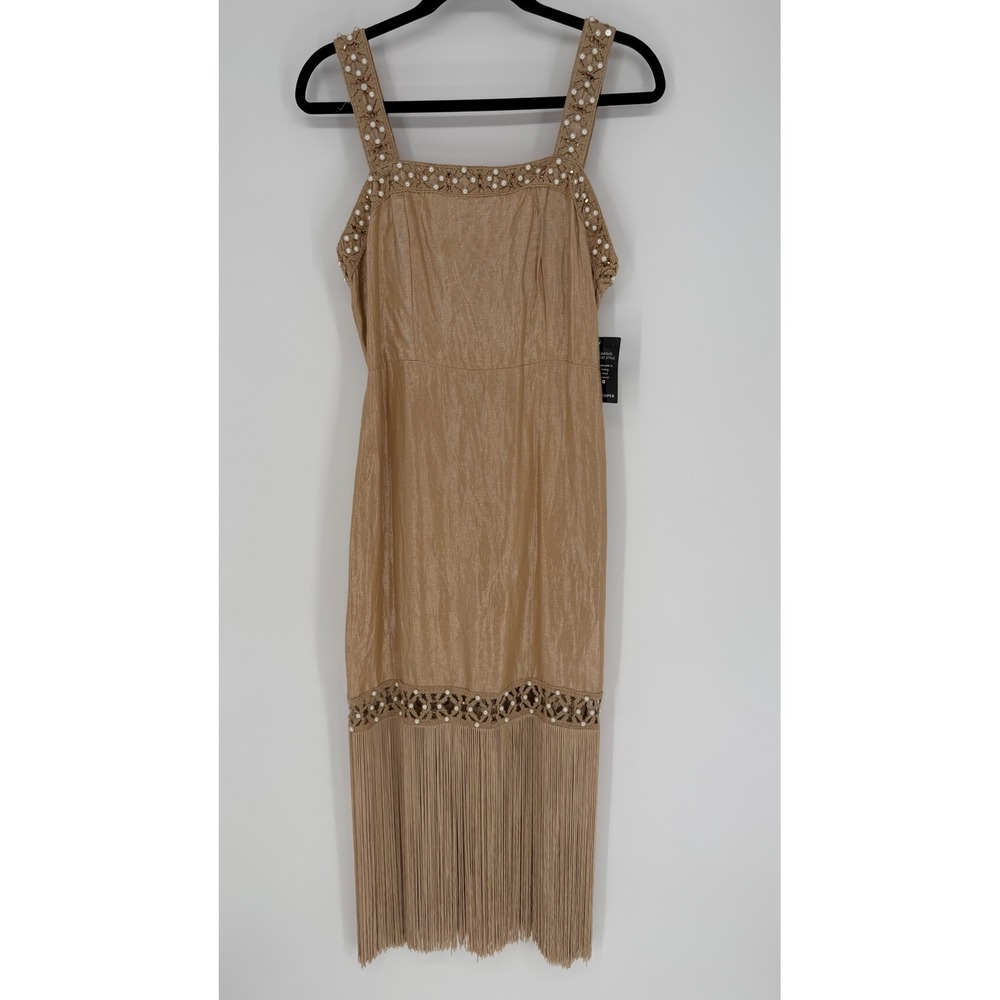 BOSTON PROPER SHIMMER LINEN CROCHET PEARL FRINGE DRESS 4 NWT GODDESS BOHO GATSBY